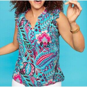 Talbots Botanical Paisley Ruffle Trim Shell Top Women’s 3X Blue Pink Sleeveless